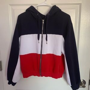 red white and blue zip up sweatshirt